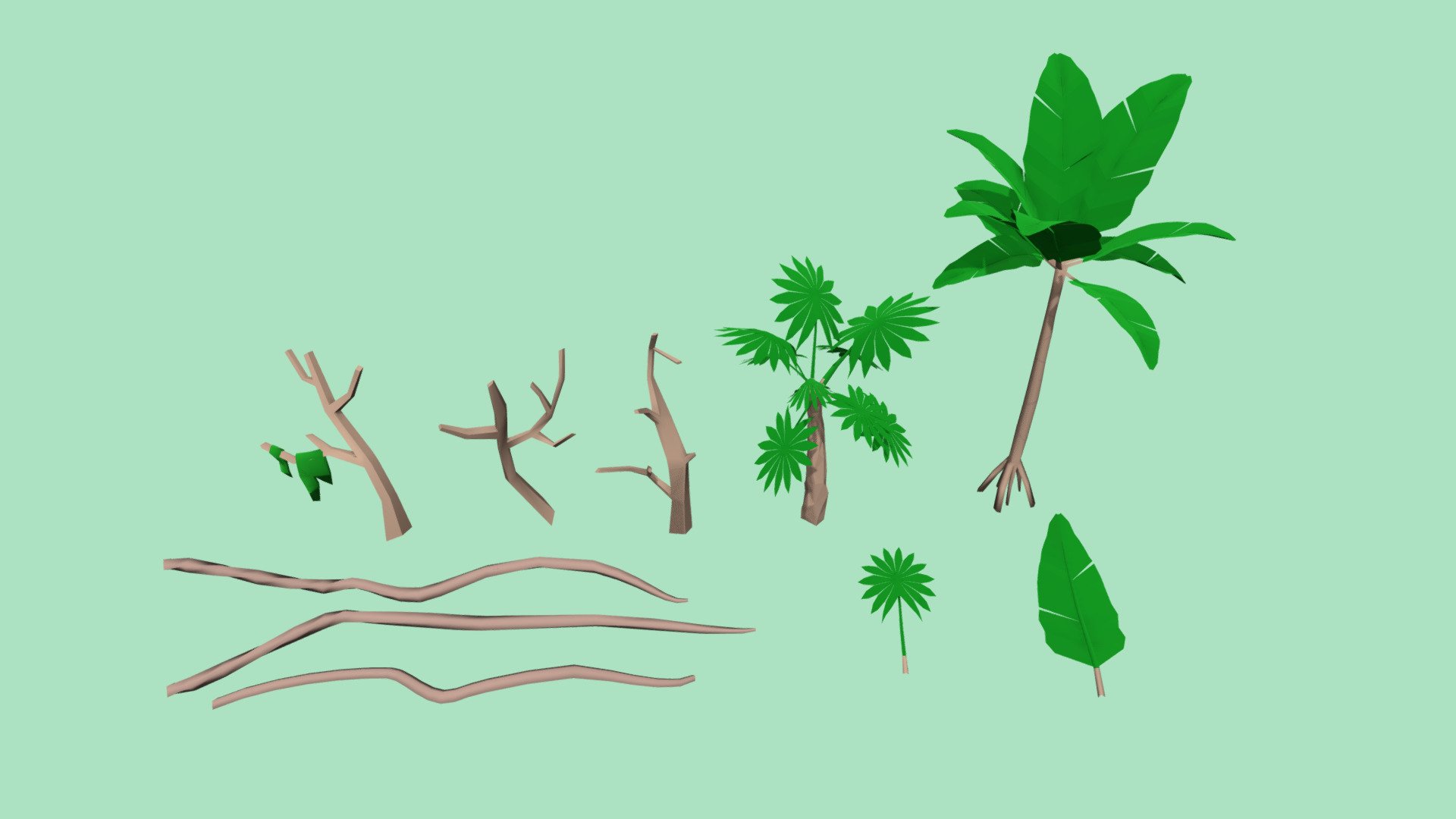 Add variety to any cartoon or low poly jungle scene with these dead branches and vines, as well as two palm trees. These models are part of my Poly Jungle package in the Unity Asset Store 3d model