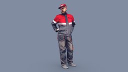 Bald Worker Hands on His Hips cap, people, standing, garage, photorealistic, thinking, beard, service, worker, labor, professional, uniform, photoreal, overalls, resting, break, bald, handyman, coveralls, man, construction