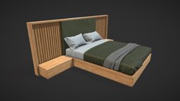 Bed with Vertical Slatted Headboard Low Poly room, modern, frame, bed, bedroom, platform, pillow, luxury, vertical, cover, furniture, headboard, comfort, slatted, slat, mattres, design, home, wood, interior