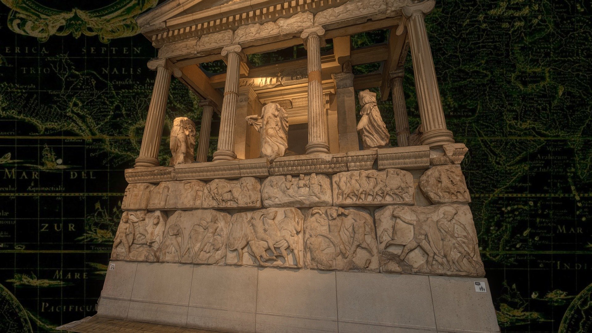 The Nereid Monument is a sculptured tomb from Xanthos in classical period Lycia, close to present-day Fethiye in Mugla Province, Turkey. It took the form of a Greek temple on top of a base decorated with sculpted friezes, and is thought to have been built in the early fourth century BC as a tomb for Arbinas (Lycian: Erbbina, or Erbinna), the Xanthian dynast who ruled western Lycia.

The tomb is thought to have stood until the Byzantine era before falling into ruin. The ruins were rediscovered by British traveller Charles Fellows in the early 1840s. Fellows had them shipped to the British Museum, where some of them have been reconstructed to show what the east façade of the monument would have looked like

More info at Wikipedia: https://en.wikipedia.org/wiki/Nereid_Monument - Nereid Monument - 3D model by Raiz (@RaizVR) 3d model