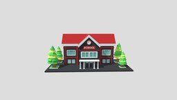 cartoon school 01 tree, school, landscape, exterior, store, market, town, realistic, isometric, low-poly, cartoon, house, city, stylized, building, street, shop, village