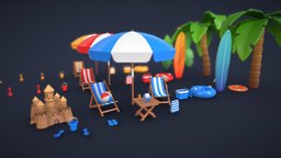 Big Beach Pack tree, hat, bucket, castle, palm, cooler, pack, bag, umbrella, sand, table, sunglasses, sun, slippers, beach, surfboard, shovel, swim, rake, lifebuoy, sunscreen, cartoon, chair, low, poly, car, stylized, ball, ring