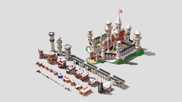 Low poly winter medieval castle and town pack castle, barrel, winter, medieval, town, props, waterhole, low-poly, lowpoly, house, village