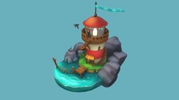 Lighthouse bird, birds, handpaint, rocks, lighthouse, pier, beacon, diorama, puffin, handpainted, blender, hand-painted, substance-painter, animation, animated, sketchfab