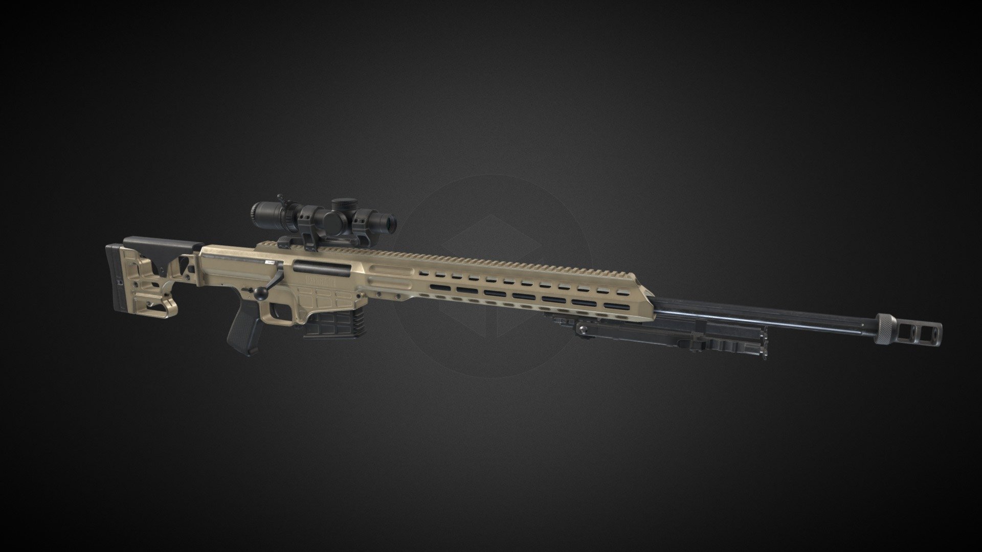 MRAD or Multi-role Adaptive Design(or: Man, Rifles are Dope) is a Bolt-action sniper rifle based on Barrett 98B manufactured by&hellip; yes, Barrett.

I attached Vortex HD3 scope and simple Bipod on it as rifle was a bit lonely by it self.  

Model have 3 PBR materials in 4K plus separate for scope. Black and FDE colors are included.

Tris: 35.6K

Verts: 18K  

Made in Blender 3d model