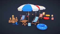 Beach Pack bucket, castle, pack, bag, umbrella, ocean, sand, table, summer, beach, shovel, swim, rake, cartoon, chair, stylized, ball, ring, sea