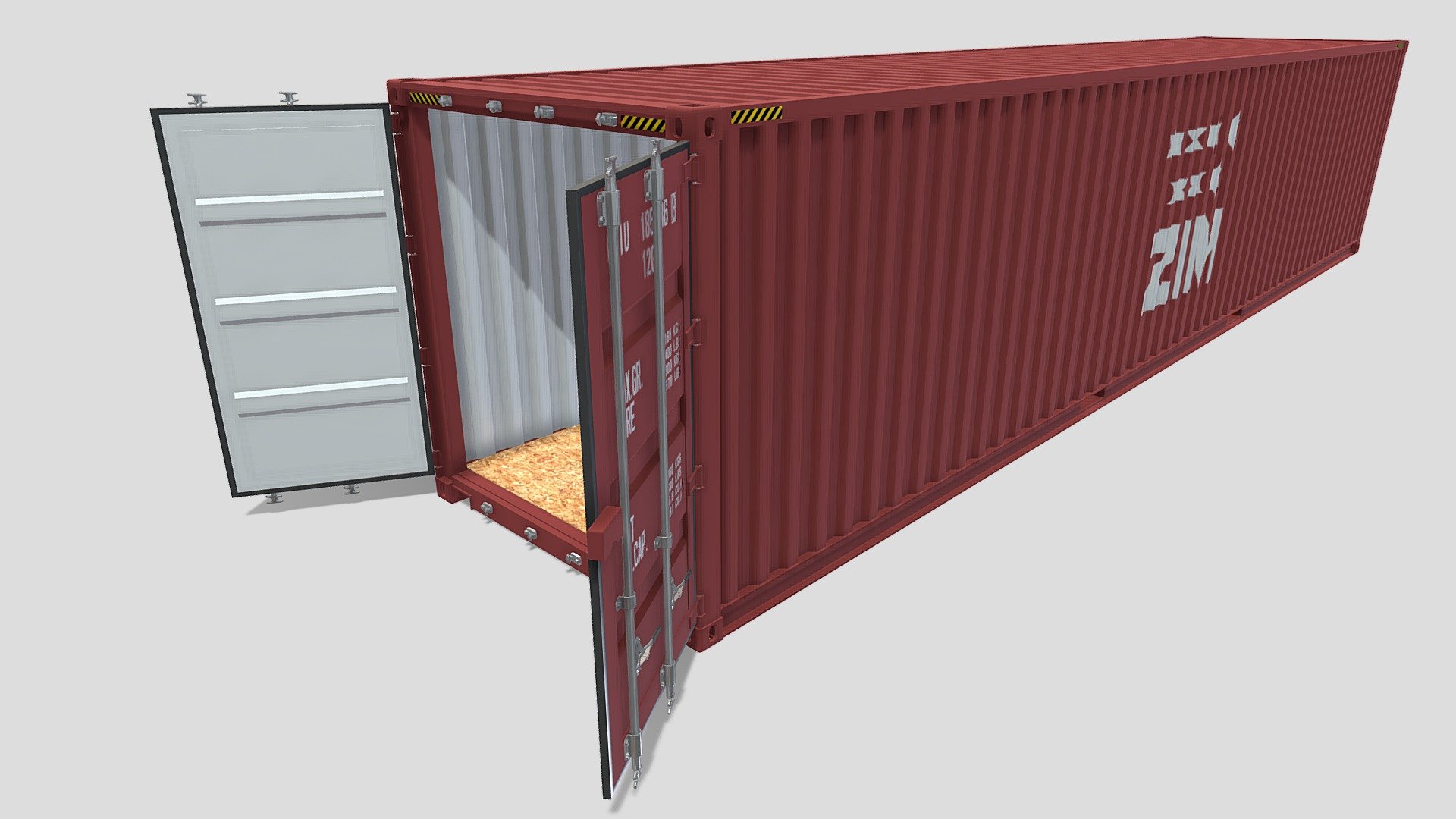 40ft Shipping Container 3d model rendered with Cycles in Blender, as per seen on attached images. 

File formats:
-.blend, rendered with cycles, as seen in the images;
-.obj, with materials applied;
-.dae, with materials applied;
-.fbx, with materials applied;
-.stl;

-.blend, with doors open, rendered with cycles, as seen in the images;
-.obj, with doors open, with materials applied;
-.dae, with doors open, with materials applied;
-.fbx, with doors open, with materials applied;
-.stl;

Files come named appropriately and split by file format.

3D Software:
The 3D model was originally created in Blender 2.8 and rendered with Cycles.

Materials and textures:
The models have materials applied in all formats, and are ready to import and render.
The model comes with two png image textures.

Preview scenes:
The preview images are rendered in Blender using its built-in render engine &lsquo;Cycles' 3d model