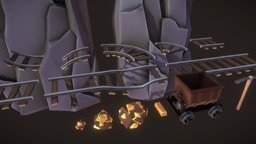 Lowpoly Mine Assets tracks, track, mine, mining, cart, rollercoaster, cliff, pick, ore, pickaxe, minecart, cartoon, game, lowpoly, rock, gold, goldbar, minetrack