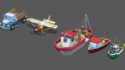 Lowpoly Vehicles Pack truck, fishing, ships, fishingboat, fishing-boat, lowpoly, plane, ship, boat