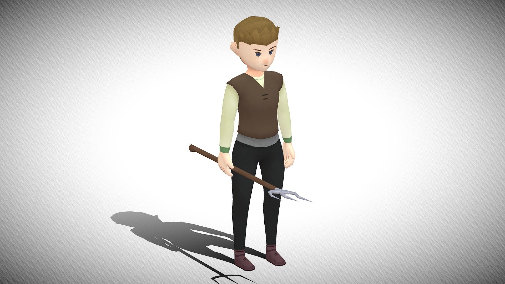Highly optimized, rigged, and animated.

Polygon Count: 960

Triangle Count: 1802



Color Variants:

• Peasant Taren Blue

• Peasant Taren Brown

• Peasant Taren Green

• Peasant Taren Red



Animations:

• Death

• Idle

• Idle2

• Idle3

• Idle4

• Run

• Talk

• Walk

• Walk2

• Work



Removable Parts:

• Pitchfork

• Shovel

(Object can be disabled in the hierarchy if needed for story/character upgrade)



Support

Your satisfaction is my top priority! 

If you need any support or have any suggestions, kindly send us an email, and we will get back to you immediately (usually within 24hr).

Please leave a review if you are satisfied with the product. It will help us create more for you :) - Stylized NPC - Peasant Taren - Buy Royalty Free 3D model by Winged Boots Studio (@wingedbootsstudio) 3d model