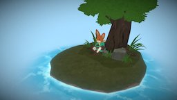 Fenark under the Tree tree, toon, b3d, indie, gamedev, diorama, celshade, cartoon, blender, lowpoly, gameart, gameasset, gamemodel