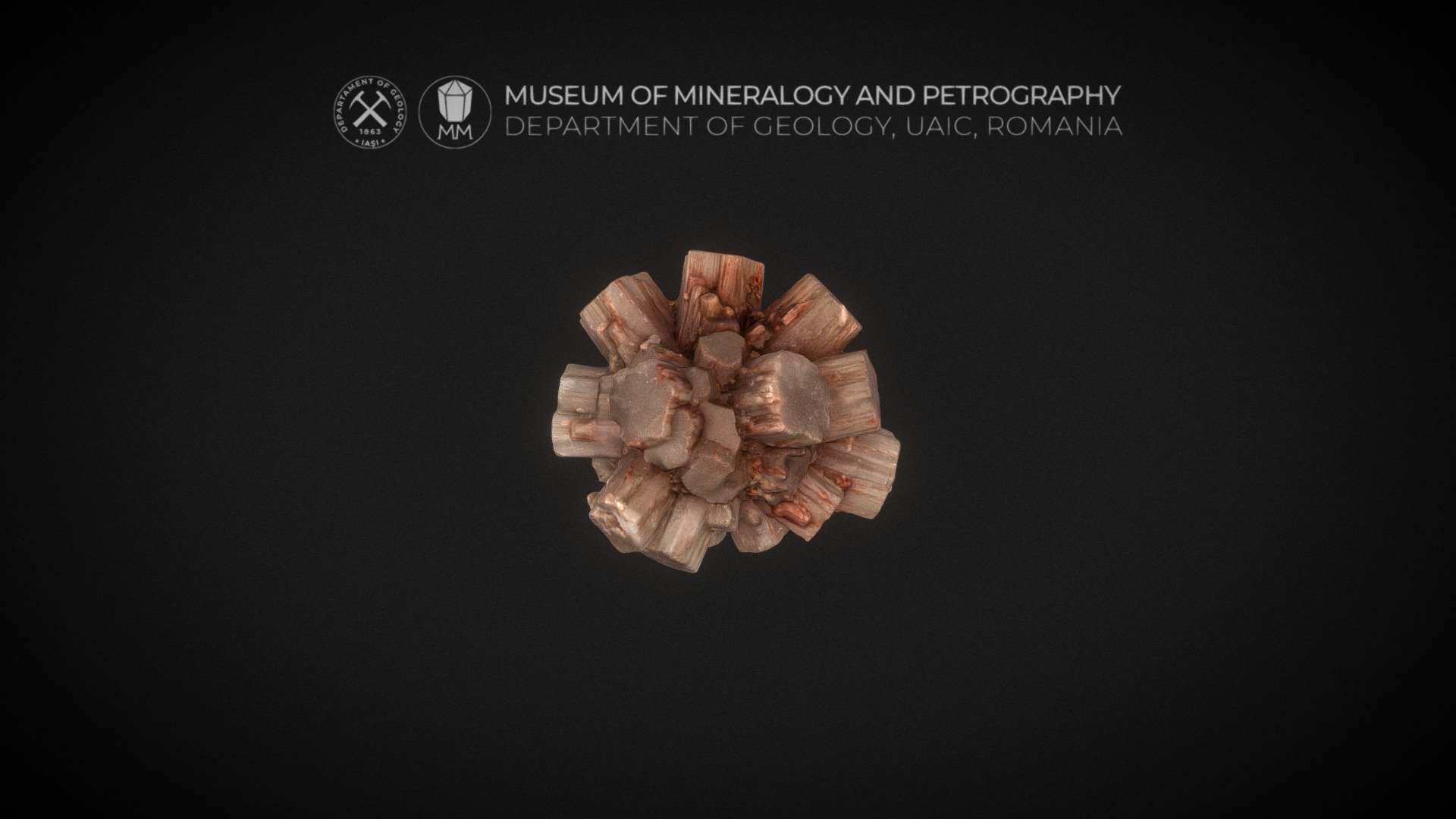 Locality: Minglanilla, Cuenca, Spain

Size: 4 cm x 4 cm x 3.5 cm

Formula: CaCO3

Description: Aragonite is a carbonate mineral, orthorhombic mineral species of calcium carbonate but with a crystal structure different from those of Vaterite and Calcite, the other two polymorphs of the same composition. Also known as Aragon spar. Aragonite commonly develop twinning on {110}. This results in a cyclical twin which gives a pseudo-hexagonal appearance (form).

Website: http://geology.uaic.ro/muzee/mineralogie/

Concept &amp; 3D-modelling by dr. Andrei Ionut APOPEI - Aragonite cyclic twin starburst crystal cluster - 3D model by Museum of Mineralogy and Petrography, UAIC (@MineralogyPetrographyMuseum) 3d model