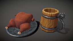 Lowpoly stylized chicken and beer pint mug asset drink, food, ancient, wooden, cafe, b3d, pub, prop, turkey, meat, viking, chicken, dinner, tavern, table, meal, beverage, beer, kitchen, lunch, roast, feast, roasted, handpainted, asset, game, blender, blender3d