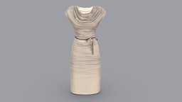 Cowl Neck Elegant Dress W Ribbon Tie Belt neck, pencil, fashion, knee, girls, clothes, skirt, dress, belt, womens, elegant, cowl, wear, secretary, formal, length, waist, pbr, low, poly, female, sleevless