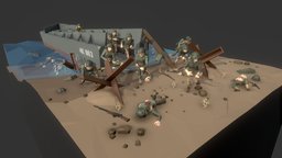 POLYGON scene, ww2, landing, barb, american, wire, beach, battle, dday, synty, low-poly, war, simple
