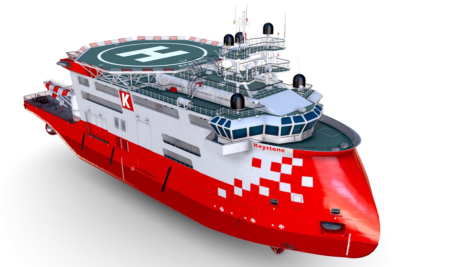 There are watermarks in the scene. When purchasing a model. 
The archive contains a model without watermarks and high quality textures.

Model. divided into parts convenient for animation. 
Such as: propellers, rudders, thrusters, rescue boat, rotating radars on the mast. 
The model has convenient names for groups, elements and textures. 
Has three sets of textures. 
Actual sizes Geometry topology: shapes and proportions 3D model is as close as possible to the real object 
detailed enough for close-up rendering the geometry of the model is created very carefully 
there are no polygons the model is ready and does not require anti-aliasing modifiers 
Stage organization: all objects and materials in the scene are assigned names of real sizes, 
the coordinates of the model’s location in space (x0, y0, z0) 
do not contain extraneous or hidden objects (lights, cameras, figures, etc.) 
Type Marine support vessel

Deadweight (t) 5125 Length (m) 106 Width (m) 24 Draft (m) - Offshore_ Construction_ Vessels_OCV - Buy Royalty Free 3D model by IgYerm (@IgorYerm) 3d model