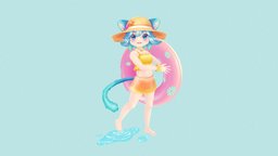 Cat_Carla cat, 3dart, anthro, beach, charadesign, originalcharacter, charactermodel, catgirl, swimming_suit, swimmingpool, maya, 3d, photoshop, lowpoly, sketchfab, sea, half-human, swimming-floaty