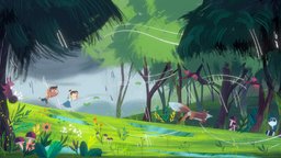 Summer Color! (Zoe Persicos Illustration) trees, sky, fish, forest, grass, cute, bird, animals, children, racoon, fox, rain, shadeless, nature, blender-3d, illustration, handpaintedtexture, charactermodel, npr, brushstrokes, character, handpainted, blender, characterdesign, handpainted-lowpoly