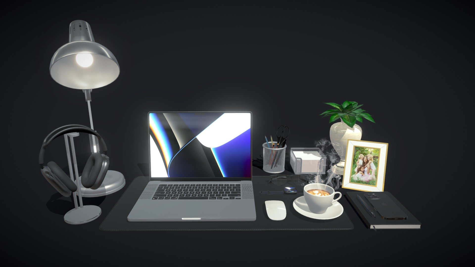 Realistic (copy) 3d model Workspace MacBook 6.

This set:




1 file obj standard

1 file 3ds Max 2013 vray material

1 file 3ds Max 2013 corona material

1 file of 3Ds

Topology of geometry:




forms and proportions of The 3D model

the geometry of the model was created very neatly

there are no many-sided polygons

detailed enough for close-up renders

the model optimized for turbosmooth modifier

Not collapsed the turbosmooth modified

apply the Smooth modifier with a parameter to get the desired level of detail

Materials and Textures:




3ds max files included Vray-Shaders

3ds max files included Corona-Shaders

all texture paths are cleared

In the archive:
- Apple MacBook Pro 16 2021
- Apple iPhone 13 pro
- Apple AirPods Max
- Apple Watch Series 7
- Table lamp Arte Lamp Luxo
- Glasses, photo frame, stationery, parker pen, coffee, diary - Workspace MacBook 6 - Buy Royalty Free 3D model by madMIX 3d model