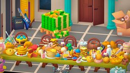The Angels Table music, room, food, toon, cake, money, cookie, rose, table, sugar, drinks, box, sweet, jelly, cartoon, 3d, lowpoly, gold