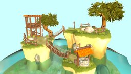 Cliff tree, island, cliff, hand-painted