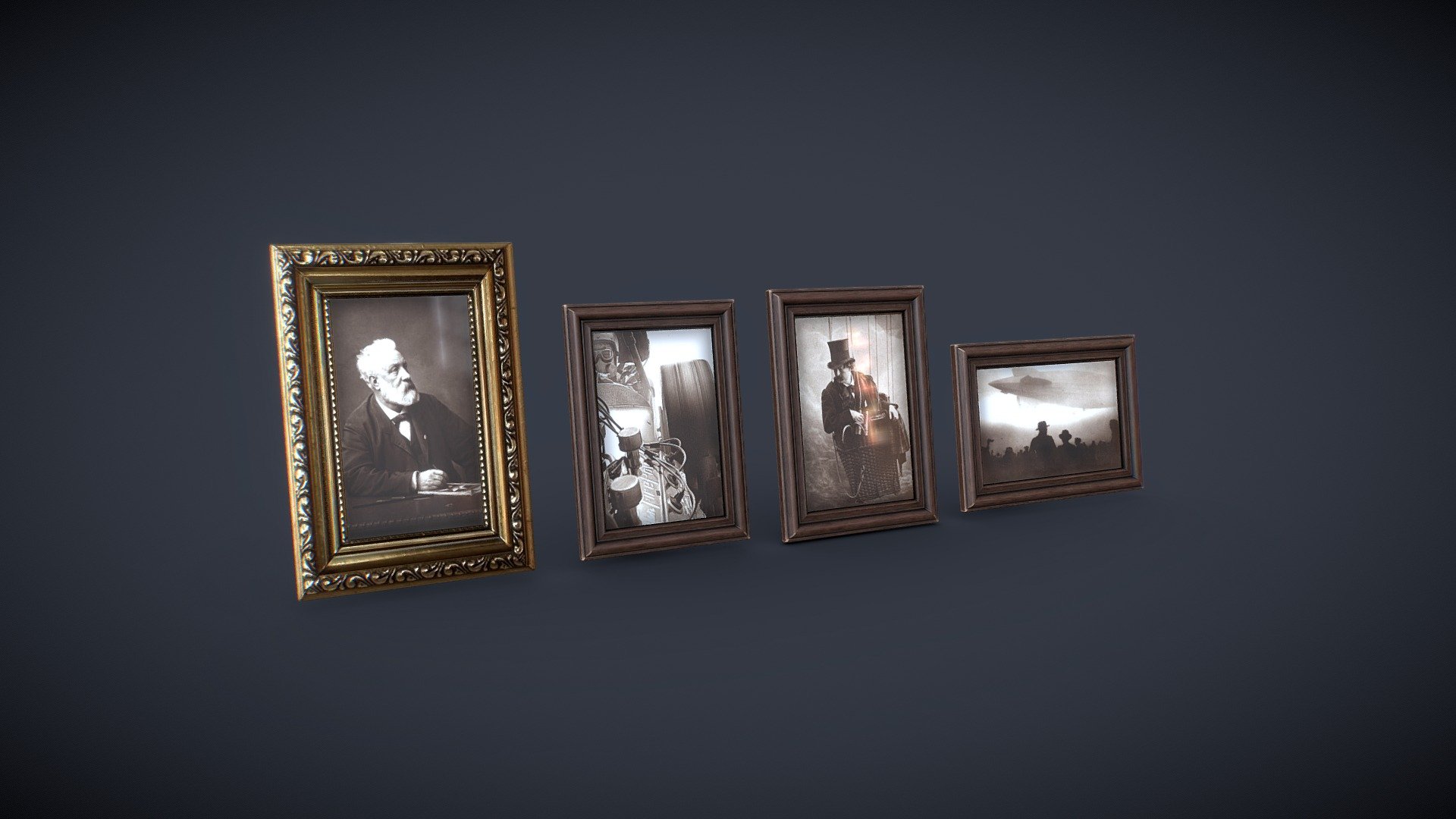 Hello all :) Few photographic frames assets for a victorian project to put on a desk or a shelf. Used old photos of Nadar, from Jules vernes or some old vehicles scenary.

Made with Maya, PS and Substance.

You will find in the package Scene file, FBX and 2k Textures.
If you have any customs need, please feel free to contact me 3d model
