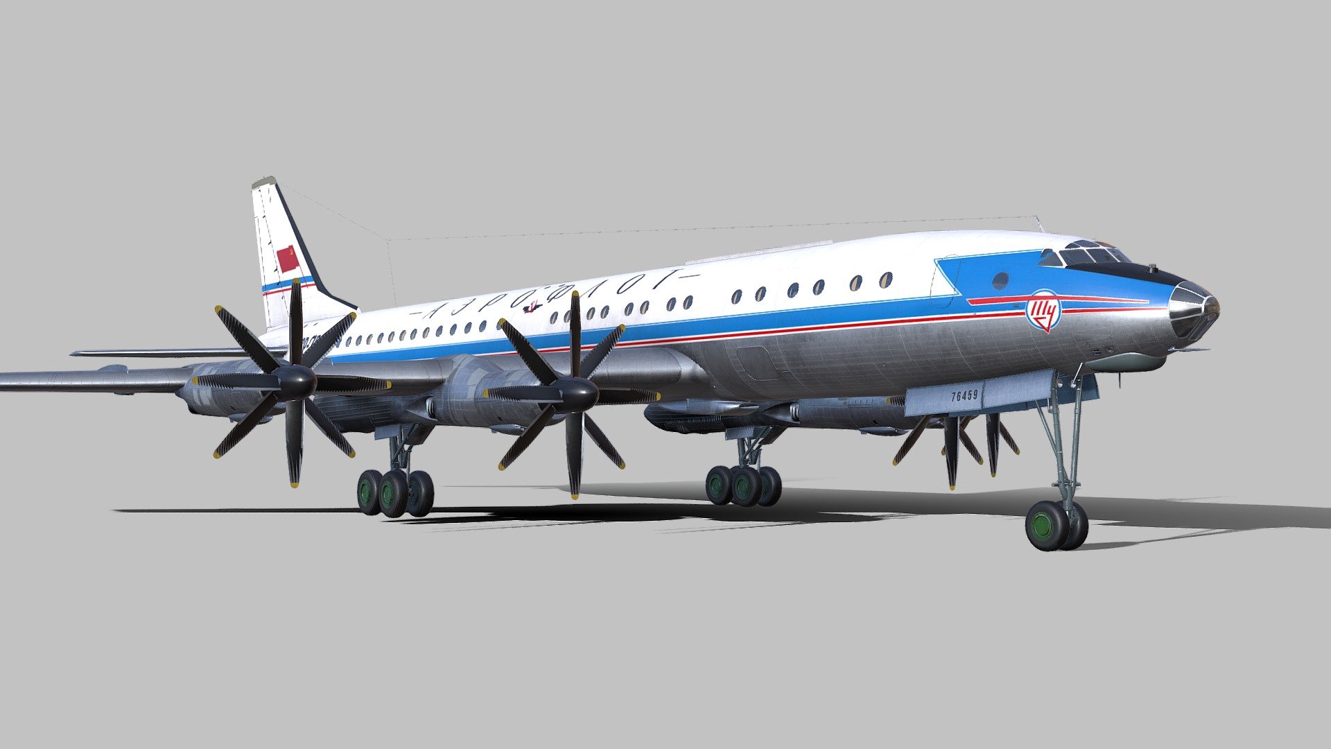 The Tupolev Tu-114  was a turboprop-powered long-range airliner designed by the Tupolev design bureau and built in the Soviet Union from May 1955. The aircraft was the largest and fastest passenger plane at that time and also had the longest range, at 10,900 km (6,800 mi). It has held the official title of fastest propeller-driven aircraft since 1960.

Due to its swept wing and powerplant design, the Tu-114 was able to travel at speeds typical of modern jetliners, 880 km/h (550 mph). Although it was able to accommodate 224 passengers, when operated by Aeroflot, it was more common to accommodate 170 passengers with sleeping berths and a dining lounge 3d model