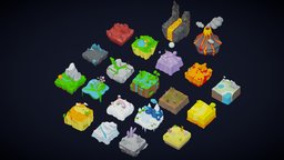 Low Poly Worlds Islands Exteriors Pack tree, world, landscape, forest, ice, exterior, mountain, island, elevation, props, science, nature, volcano, architecture, blender, lowpoly, city, wood, fantasy, modular, environment