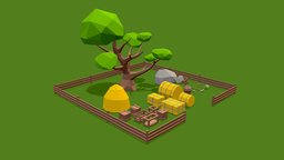 Low poly farm asset tree, fence, barrel, tools, farm, box, pickaxe, shovel, pointer, handpainted, low, poly, wood, rock