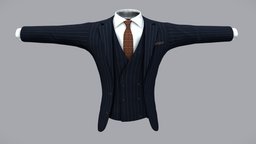 Mens Striped Jacket Vest Shirt Tie white, shirt, vest, front, jacket, open, stylish, business, tie, realistic, real, striped, mens, wear, formal, pbr, low, poly, male, black, navy