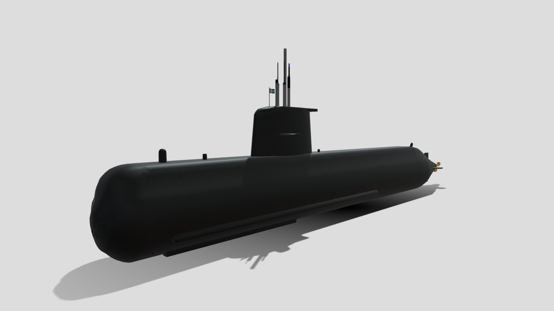 [Drainage]
- Water: 1,494 tonnes
- Underwater: 1,599 tons

Length: 60.4 m
Diameter: 6.2 m
DRAWING WATER: 5.6 m

[Maximum speed]
- Award: 11 knots
- Underwater: 20 knots

Submarine depth: 150 m

[Crew member]
- a total of 24-32 people
- 18 to 22 officers

[Engine]
- Propulsion: Diesel-electric/electric (AIP)
- Diesel engine: MTU diesel-electric 1300 mm × 2
- Electric motor: 1 Siemens 1800 horsepower motor
- AIP: Cocums v4-275R Sterling AIP 75kW x 2

Sona: CSU 90-2 type Sona

[Armed]
- Mine: 48 externally mounted mines
- Torpedo: 533mm torpedo tube x 4, 400mm torpedo tube x 2

Since I became a junior in high school, I have not been able to do 3D modeling leisurely, so I will try to make small ships like this in the future. However, I am planning to build a large warship during vacation.

You can use this 3D modeling for games, videos, 3D photography, and more 3d model