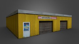 Low poly car wash center russian, washroom, car, building