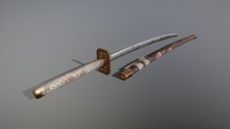 Katana "Shizukesa" japan, katana, medieval, bloody, sakura, lotus, scratched, serenity, damascus, substancepainter, weapon, blender3d, wood, sword, gold, steel, noai