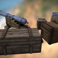 Canon, barrel and crates barrel, crates, canon, objets, game, photoshop, 3dsmax, 3dsmaxpublisher, pirate, fantasy