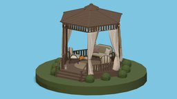 Gazebo lamp, lantern, cushion, sofa, wooden, armchair, other, exterior, pavilion, pergola, furniture, gazebo, terrace, patio, bush, curtain, carpet, belvedere, architecture, staircase, lowpoly, structure