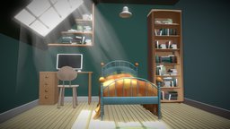 CARTOON ROOM 002 room, toon, bed, closet, bedroom, boy, desk, books, furniture, models, various, cartoon, anime, interior