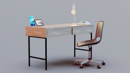 Desk Set office, lamp, stool, wooden, books, table, realistic, pictures, pbr, chair