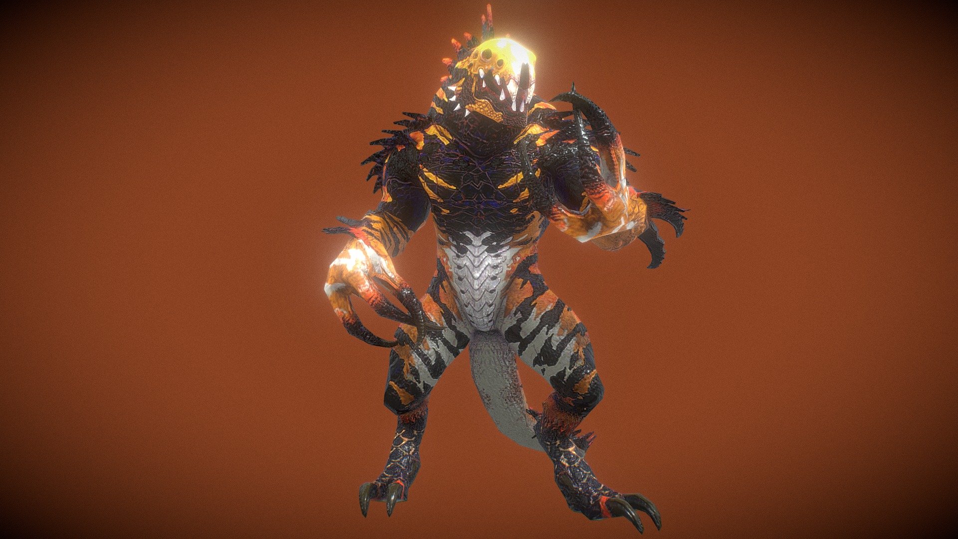 Software used: Zbrush, Blender, Substance Painter
Lowpoly Rigged character.
Ripjaws  a fearsome creature with the appearance of a mutated orange Komodo dragon 3d model