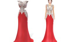 Luxury Rhinestone Satin Prom Wedding Dress red, cap, luxury, fashion, girls, long, clothes, wedding, skirt, dress, gown, beautiful, womens, beige, shoulder, wear, prom, satin, pbr, low, poly, female, rhinestone