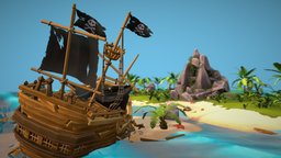 Pirates Story fish, barrel, tropical, palm, chest, shipwreck, anchor, coral, crab, island, treasure, foliage, water, cannon, waterfall, wreckage, gull, seastar, berth, substance, pbr, lowpoly, skull, ship, pirate, rock, sea, boat