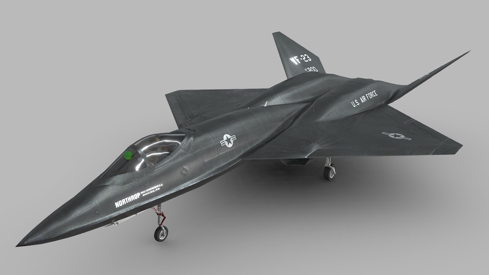 The Northrop/McDonnell Douglas YF-23 is an American single-seat, twin-engine, supersonic stealth fighter aircraft technology demonstrator designed for the United States Air Force (USAF).

The design was a finalist in the USAF's Advanced Tactical Fighter (ATF) competition, battling the Lockheed YF-22 for a production contract. Two YF-23 prototypes were built.

The YF-23 was stealthier and faster, but less agile than its competitor. After a four-year development and evaluation process, the YF-22 was announced the winner in 1991 and the design was developed into the Lockheed Martin F-22 Raptor, which first flew in 1997 and entered service in 2005.

The two YF-23 prototypes are currently museum exhibits 3d model