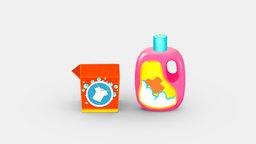 Cartoon washing powder and liquid detergent household, wash, washing, clothes, powder, clean, dirty, bubble, detergent, water, machine, butter, lowpolymodel, laundrymachine, handpainted, clothing, laundry_detergent, washingpowder