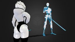 Half-borg vs Giant Robot Pose body, base, fiction, mesh, mech, future, pose, figure, punk, walking, cyber, cyberpunk, giant, type, slim, science, woman, curvy, pretty, 2077, character, modeling, game, model, design, futuristic, female, sword, human, video, robot, lady