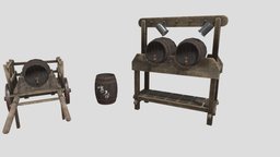 Barrel stand with barrel cart wheel, wooden, barrel, exterior, medieval, cart, travel, mug, furniture, rum, tankard, substaincepainter, tavern-medieval, blender, pirate, interior, village