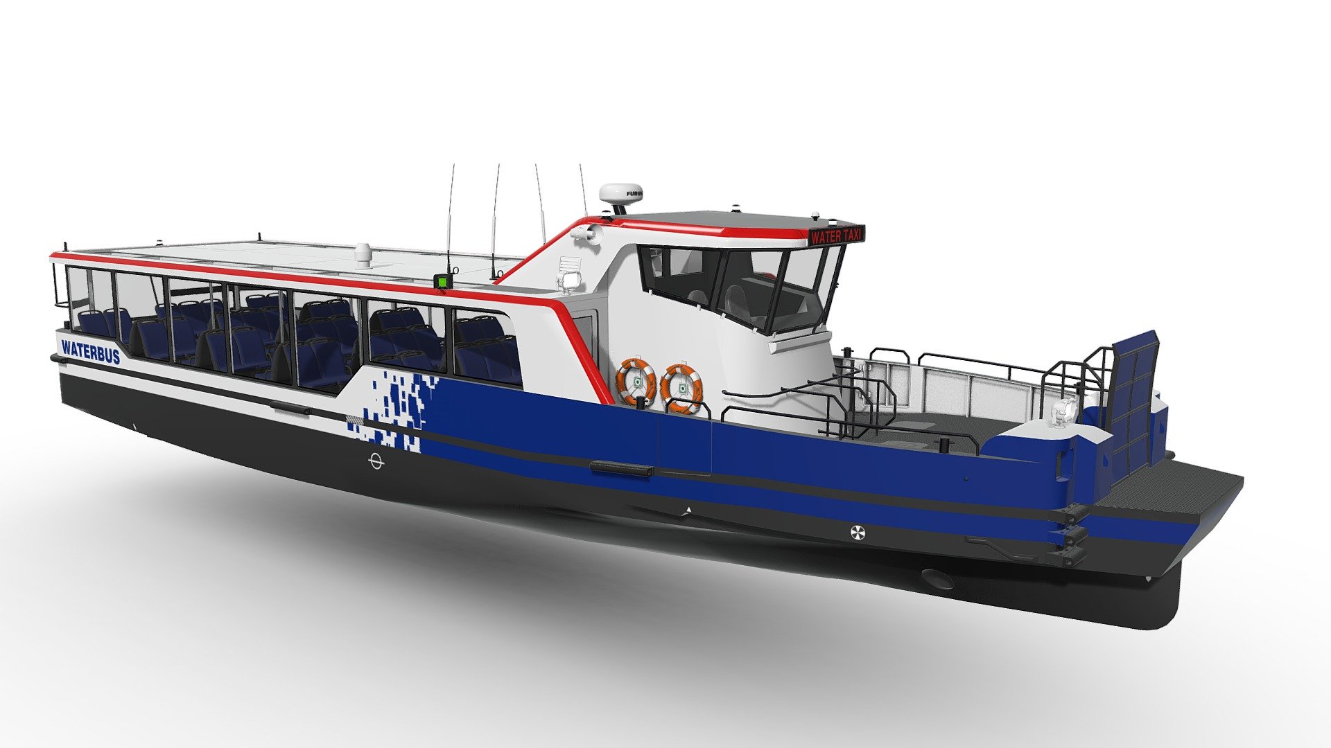 City ferries

Nothing is more important than a ferry Commuters can avoid traffic jams by traveling by ferry.

Instead of sitting in the car, they can sit down and relax: read the morning paper.

This all-electric ferry combines optimal passenger conditions with efficient traction.

Automatic charging system allows you to fully charge the steam in just 7 minutes

Highly detailed City ferries

For distant and close angles.

For visualization of animations and games.

The Model has an original size.

Length (m) 23.2

Passengers 75

Beam (m) 5.6

Draught (m) 1.2

Speed max (kn) 10

Model formats: * .max . ma .fbx .obj .blend
 - WaterBus - Buy Royalty Free 3D model by IgYerm (@IgorYerm) 3d model
