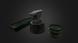 Anvil, Water Bucket And Water Trough bucket, project, anvil, metal, water, trough, proekt, texture, wood, environmentassets