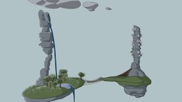 Man With Nature trees, green, minimal, tall, grass, toon, orange, grey, formation, clouds, island, brown, diorama, outline, waterfall, islands, minimalistic, blue, rock, black, village, bridge